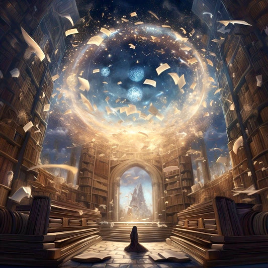 Mystical library with endless bookshelves and celestial light pouring from a cosmic portal overhead, as a cloaked figure kneels in reverence—symbolizing access to the Akashic Records and the infinite wisdom of the soul’s journey.