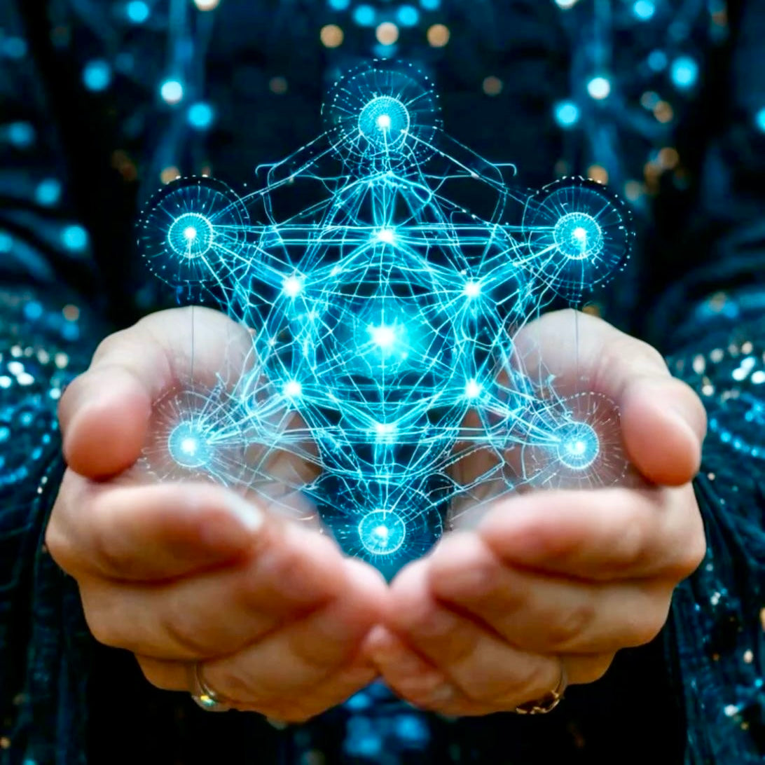 Outstretched hands holding a glowing, geometric energy grid symbolizing spiritual connection, transformation, and quantum alignment—visual metaphor for the Initiation Consult Call at House of Mage.